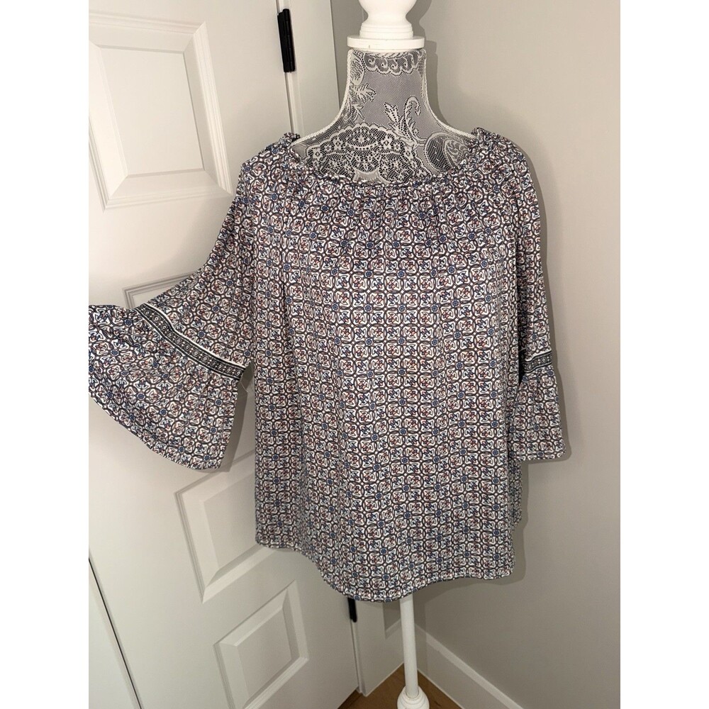 Max Studio Blouse Women's Blue White Geometric Bell Sleeve Plus Size 1X